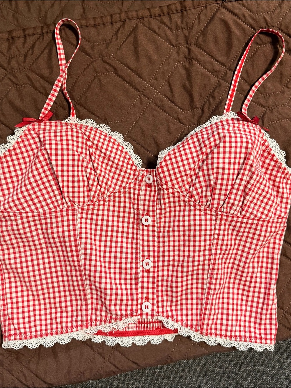 Red Gingham Lace-Trim Cami Top